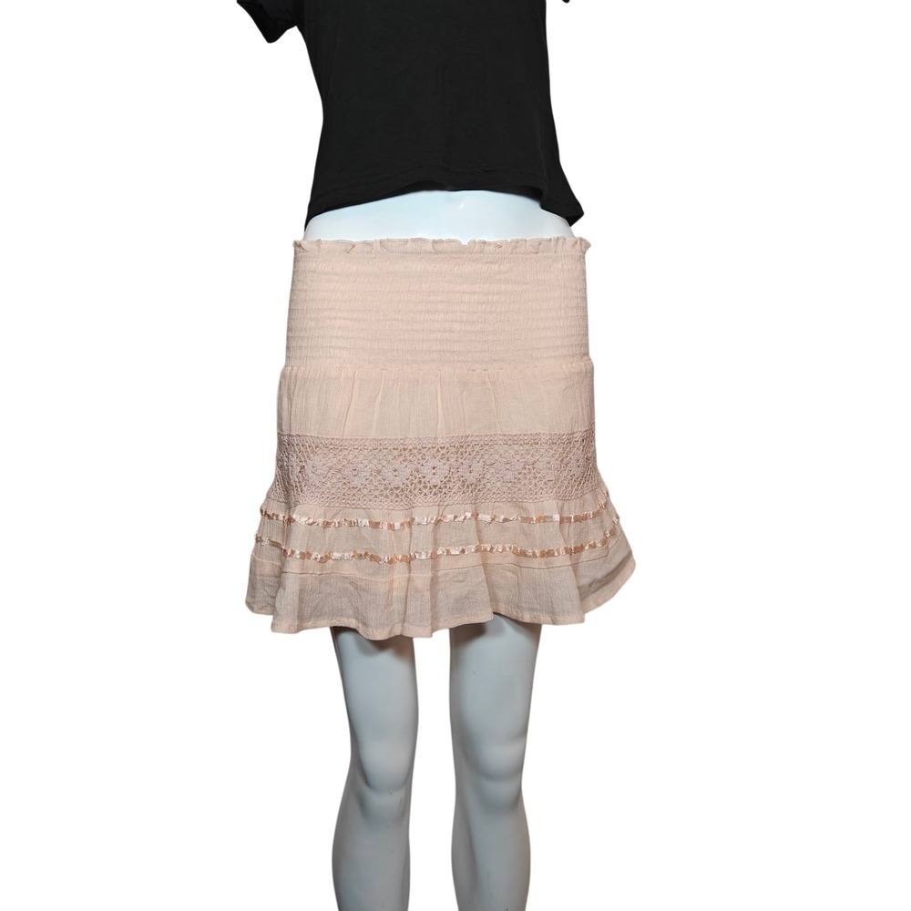 U R the 1 Womens Smocked Cotton Crochet Lace Mini Skirt Powder Pink Size M New